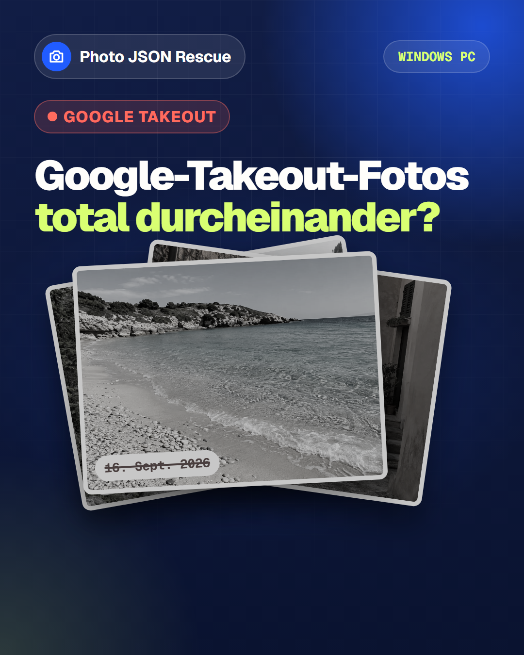Deine Fotos auf deinem PC. Mit den Daten und Orten, die zählen.