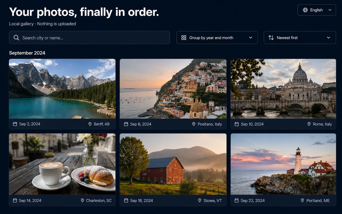 Dark local photo gallery with language switch, search, grouping, sorting, place captions and photo grid