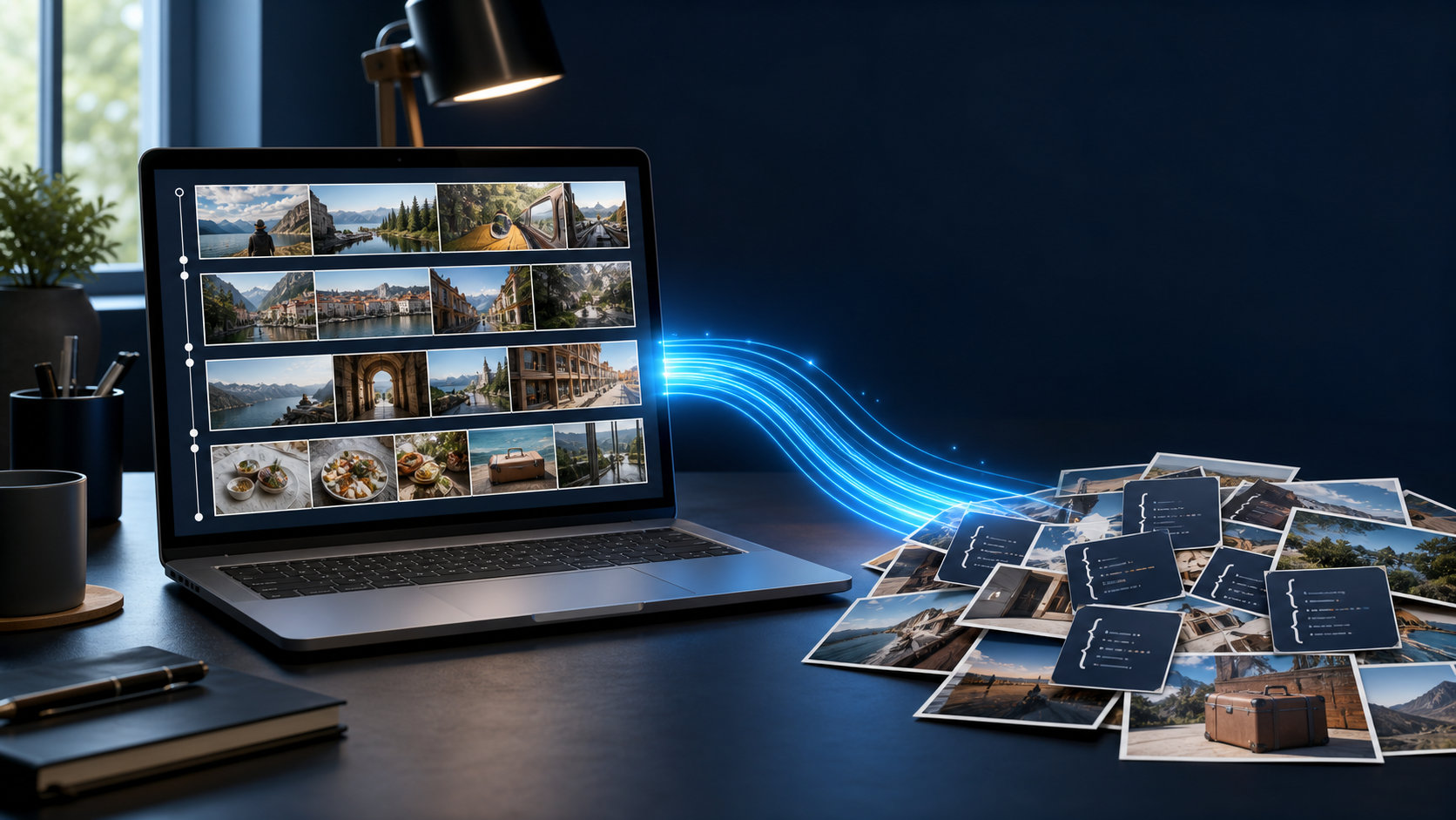 Illustration of loose photos and JSON sidecars being organised locally into a chronological gallery on a Windows laptop