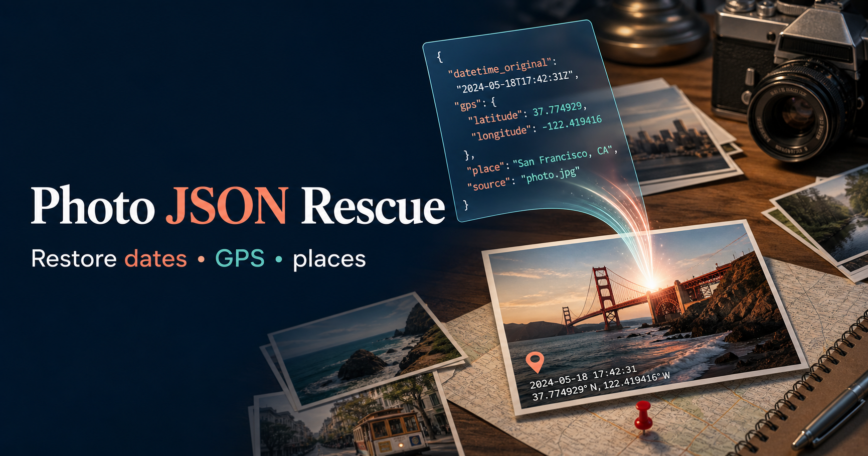 Photo JSON metadata flowing back into a travel photograph