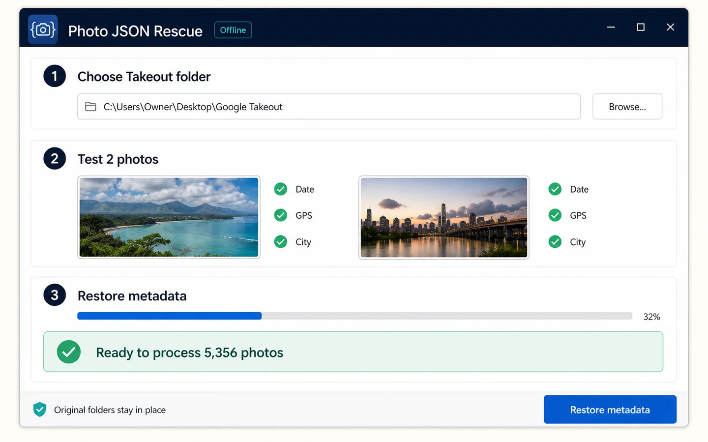 Photo JSON Rescue interface with choose folder, test two photos and restore metadata controls